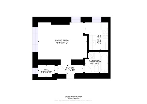 Floor plan for studio, 1 bath, 342 sqft